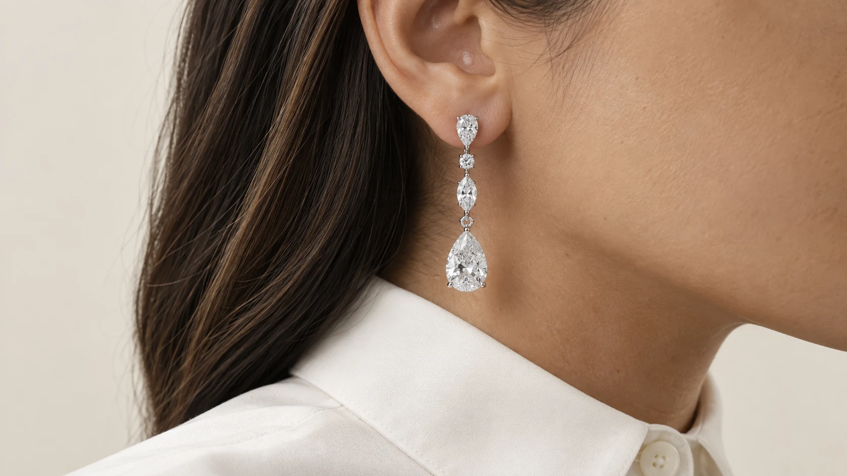 Diamond earrings styled on a model